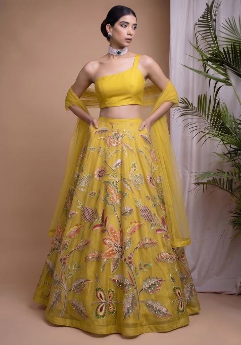 Mustard Crepe Solid Lehenga Set