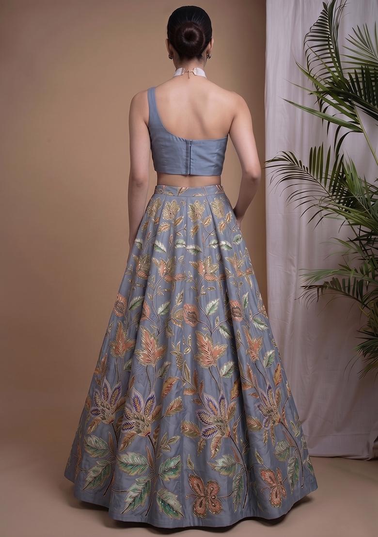 Slate Blue Printed Organza Lehenga Set - Indya