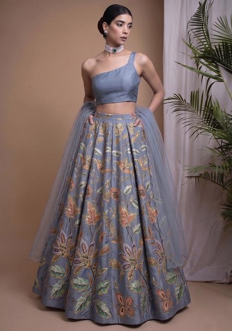 Slate Blue Silk Blend Embroidered Lehenga Set