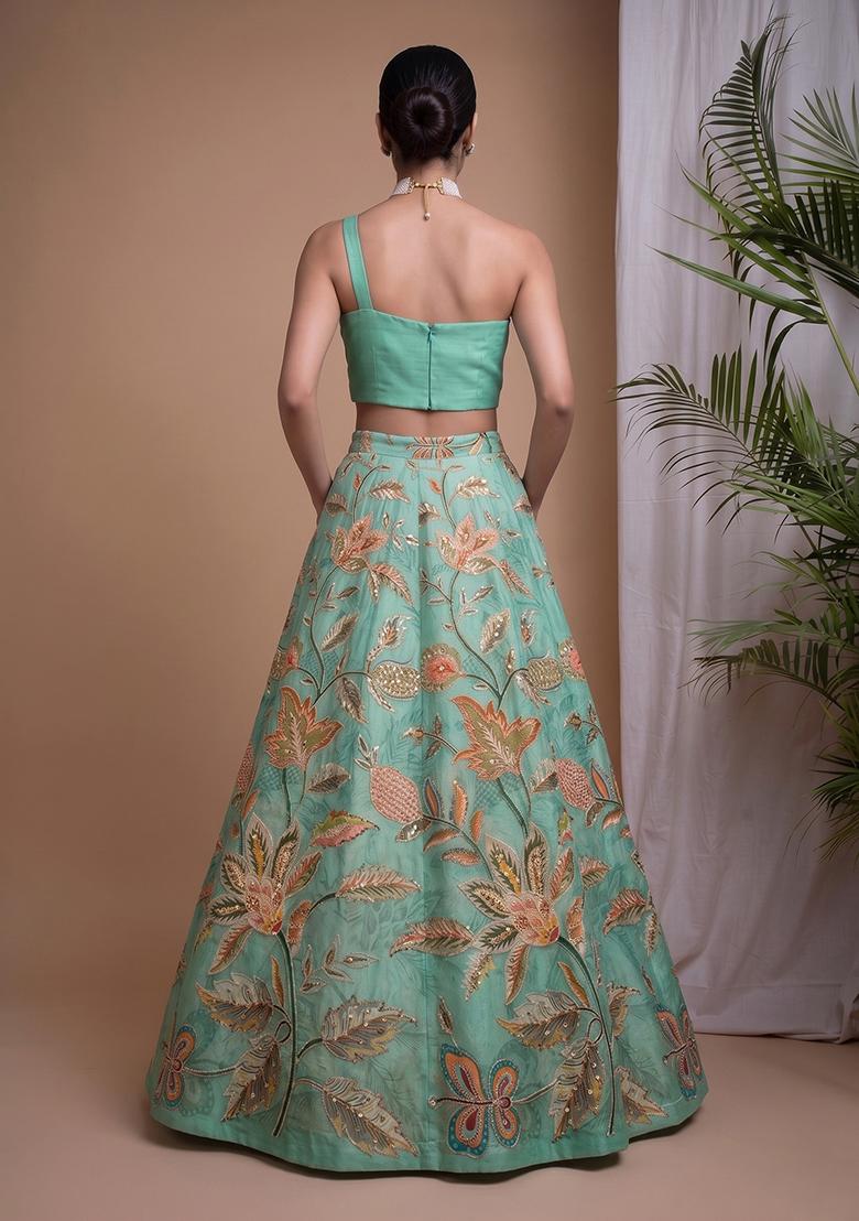 Greenish Cyan Organza Sequin Work Lehenga Set - Indya