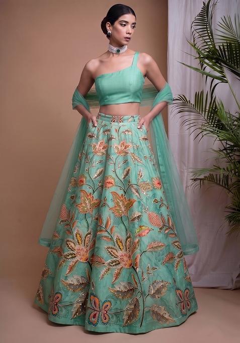 Mint Green Organza Sequin Work Lehenga Set