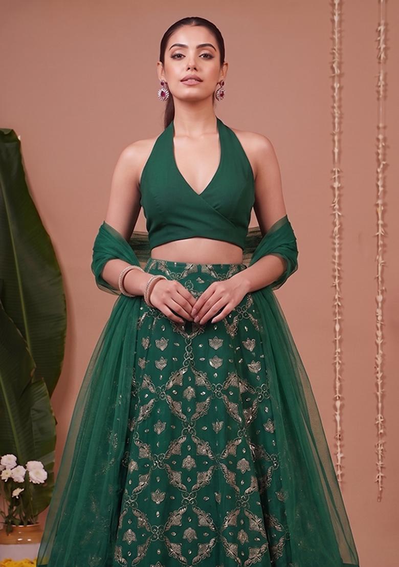 Bottle Green Solid Georgette Lehenga Set - Indya