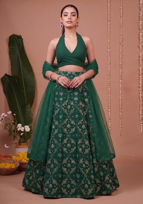 Bottle Green Georgette Solid Lehenga Set