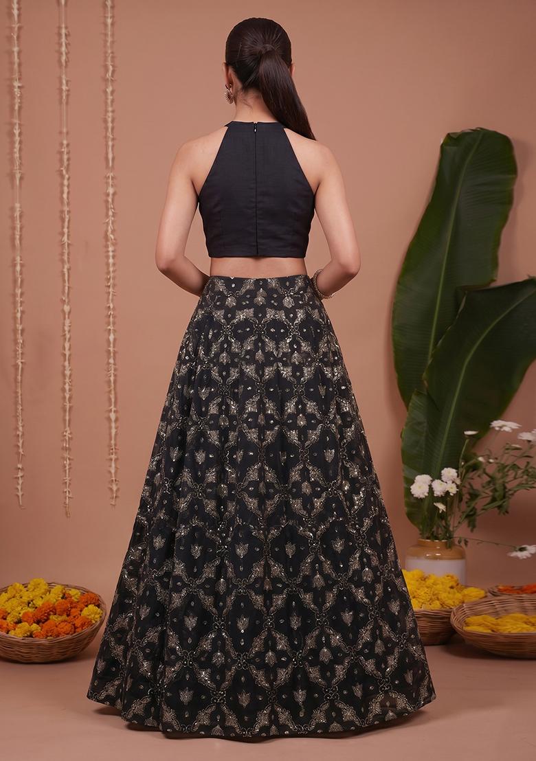 Charcoal Black Solid Georgette Lehenga Set - Indya