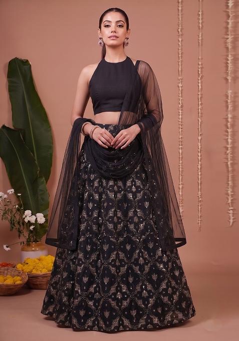 Charcoal Black Crepe Solid Lehenga Set