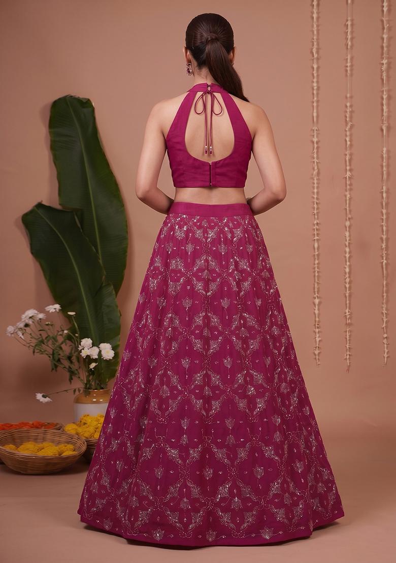 Magenta Solid Georgette Lehenga Set - Indya
