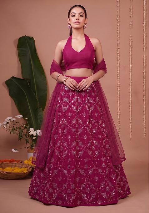Magenta Silk Blend Solid Lehenga Set