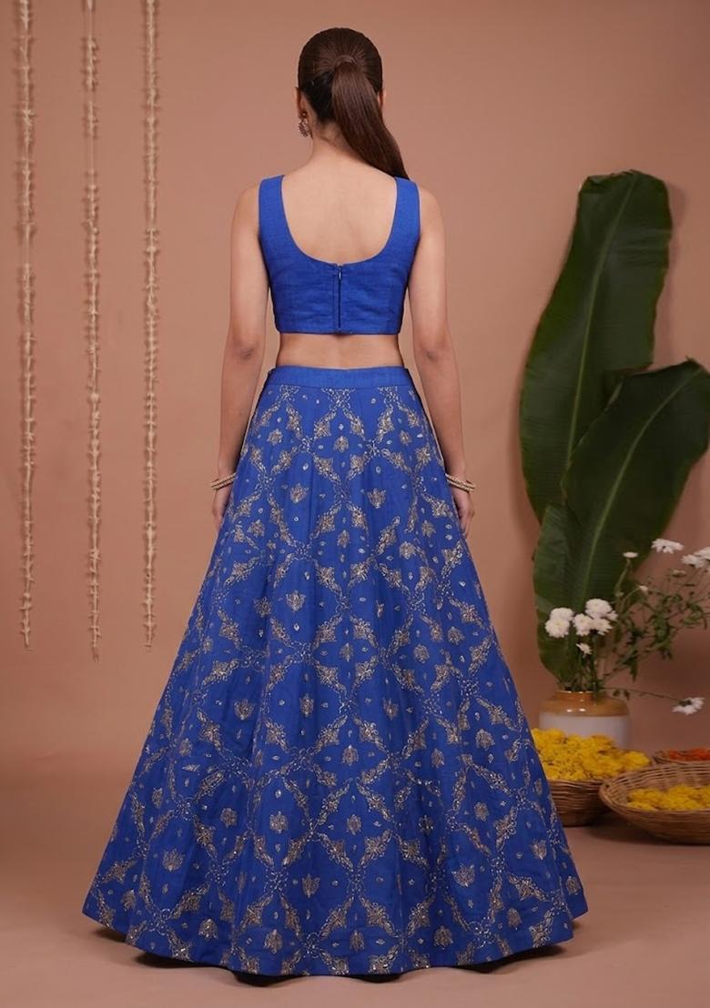 Royal Blue Solid Georgette Lehenga Set - Indya