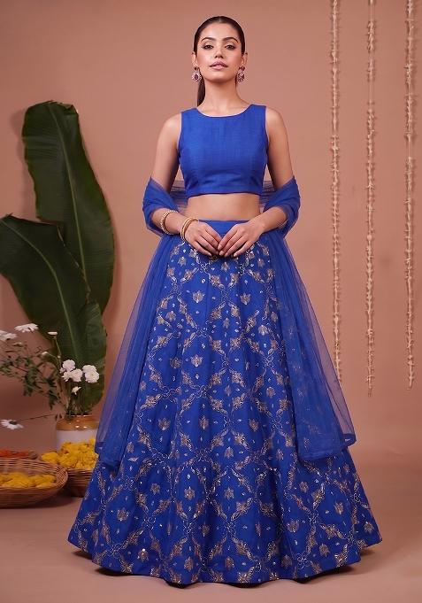 Royal Blue Silk Blend Solid Lehenga Set