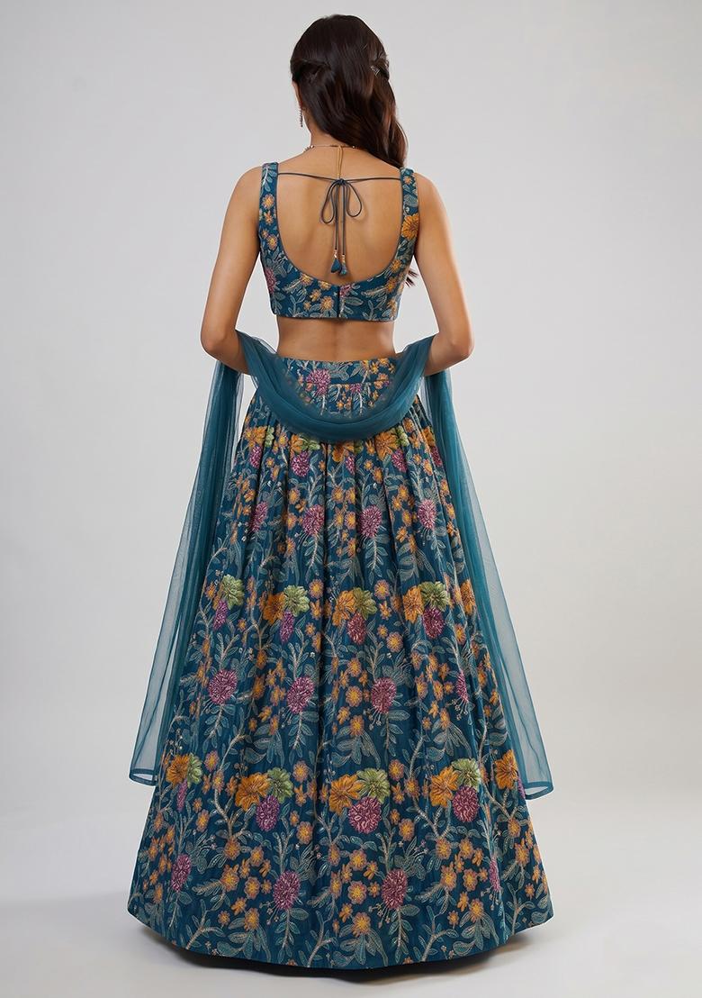 Teal Blue Embroidered Poly Blend Lehenga Set - Indya