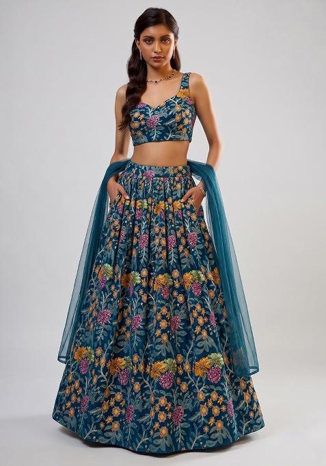 Teal Blue Velvet Embroidered Lehenga Set