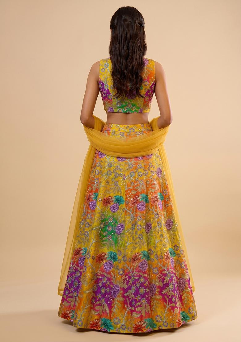 Multi Color Printed Crepe Lehenga Set - Indya