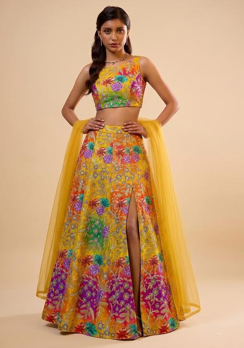Multi Color Silk Blend Embroidered Lehenga Set