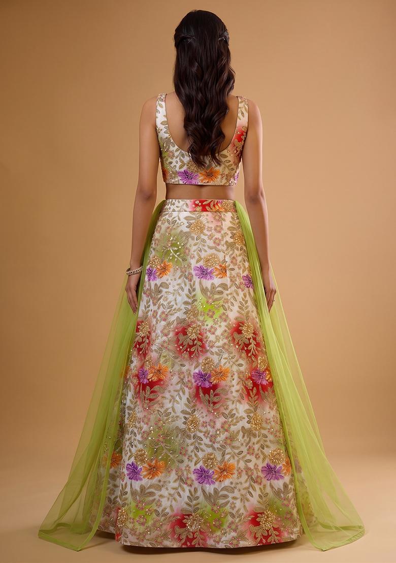 Multi Color Printed Crepe Lehenga Set - Indya
