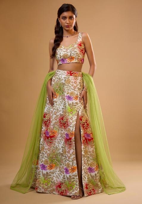 Multi Color Silk Blend Embroidered Lehenga Set