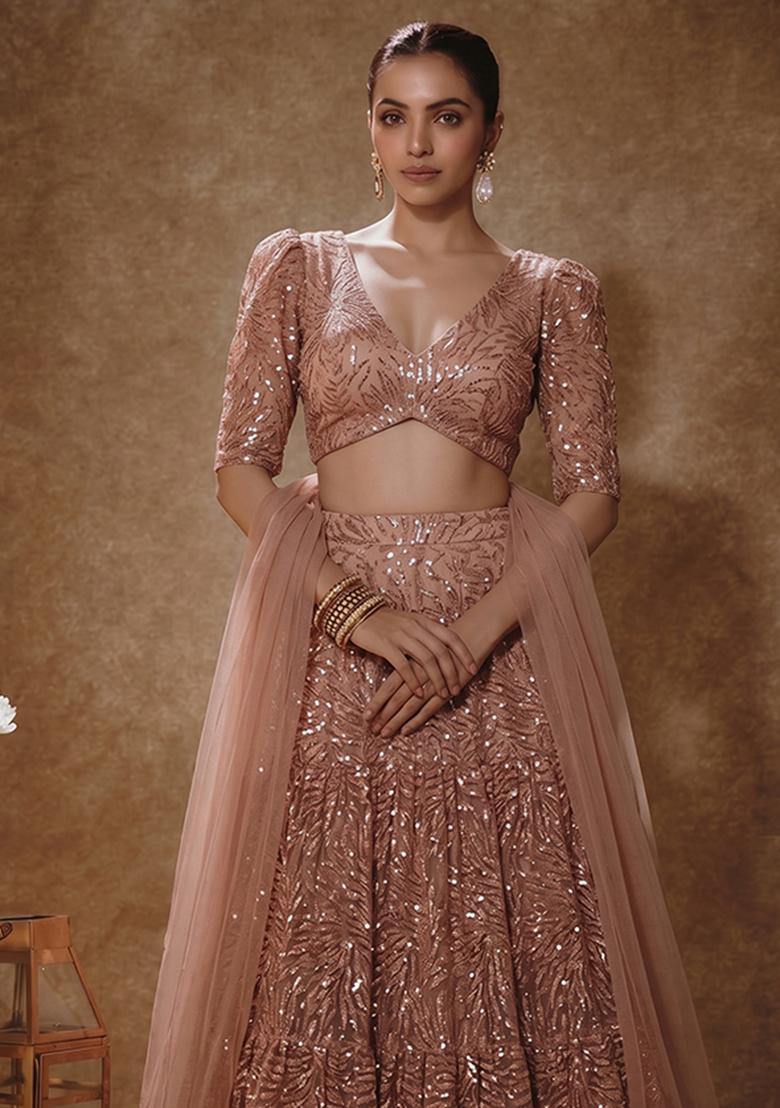 Faded Peach Sequin Net Lehenga Set - Indya