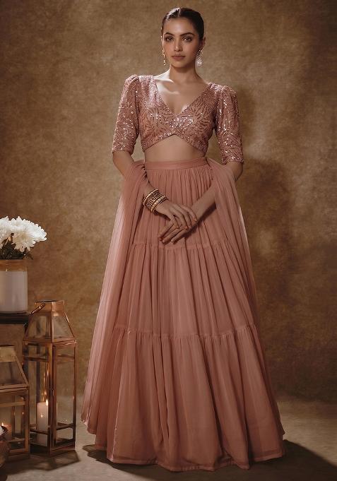 Faded Peach Net Sequin Work Lehenga Set