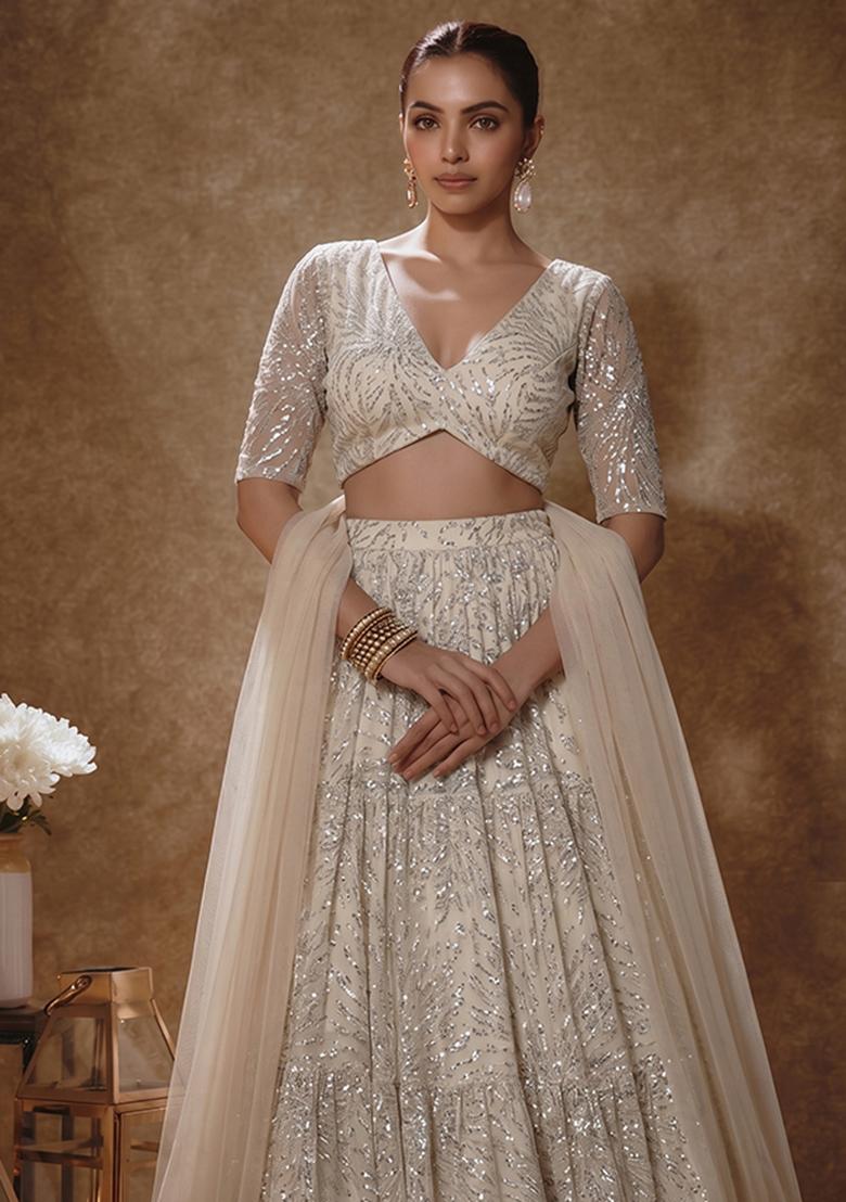 Cloud White Sequin Net Lehenga Set - Indya