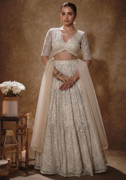Cloud White Net Sequin Work Lehenga Set
