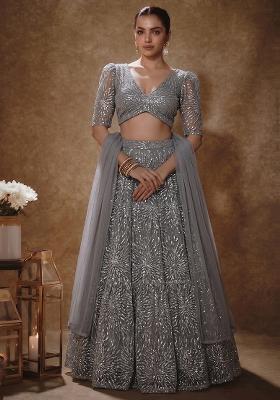 Steel Grey Sequin Net Lehenga Set