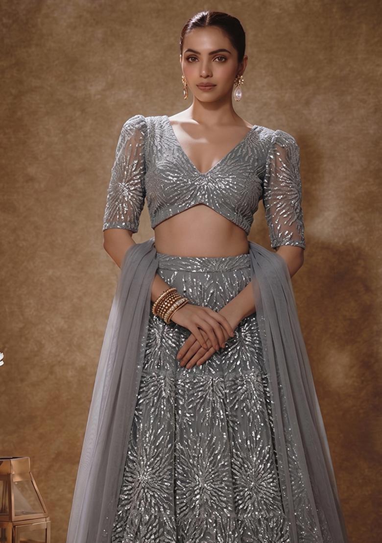 Steel Grey Sequin Net Lehenga Set - Indya