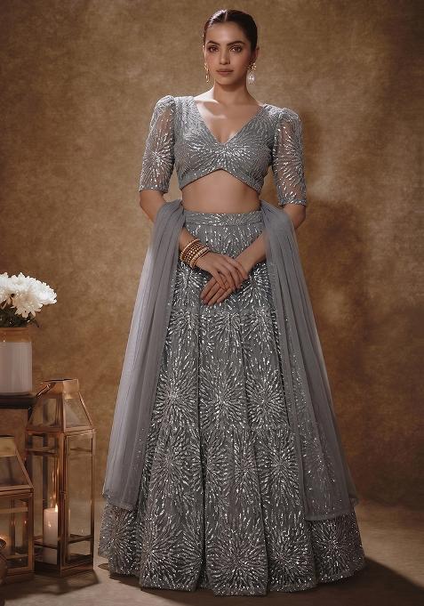 Steel Grey Net Sequin Work Lehenga Set