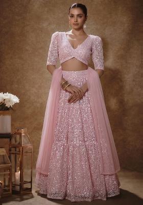 Baby Pink Sequin Poly Blend Lehenga Set