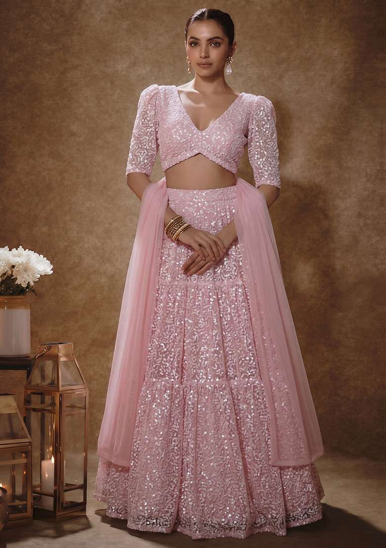 Baby Pink Sequin Poly Blend Lehenga Set - Indya