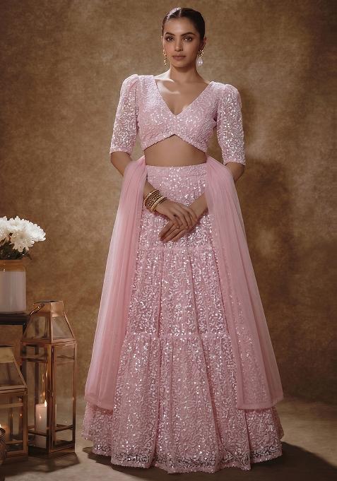 Baby Pink Net Sequin Work Lehenga Set