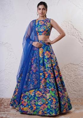 Cobalt Blue Printed Crepe Lehenga Set