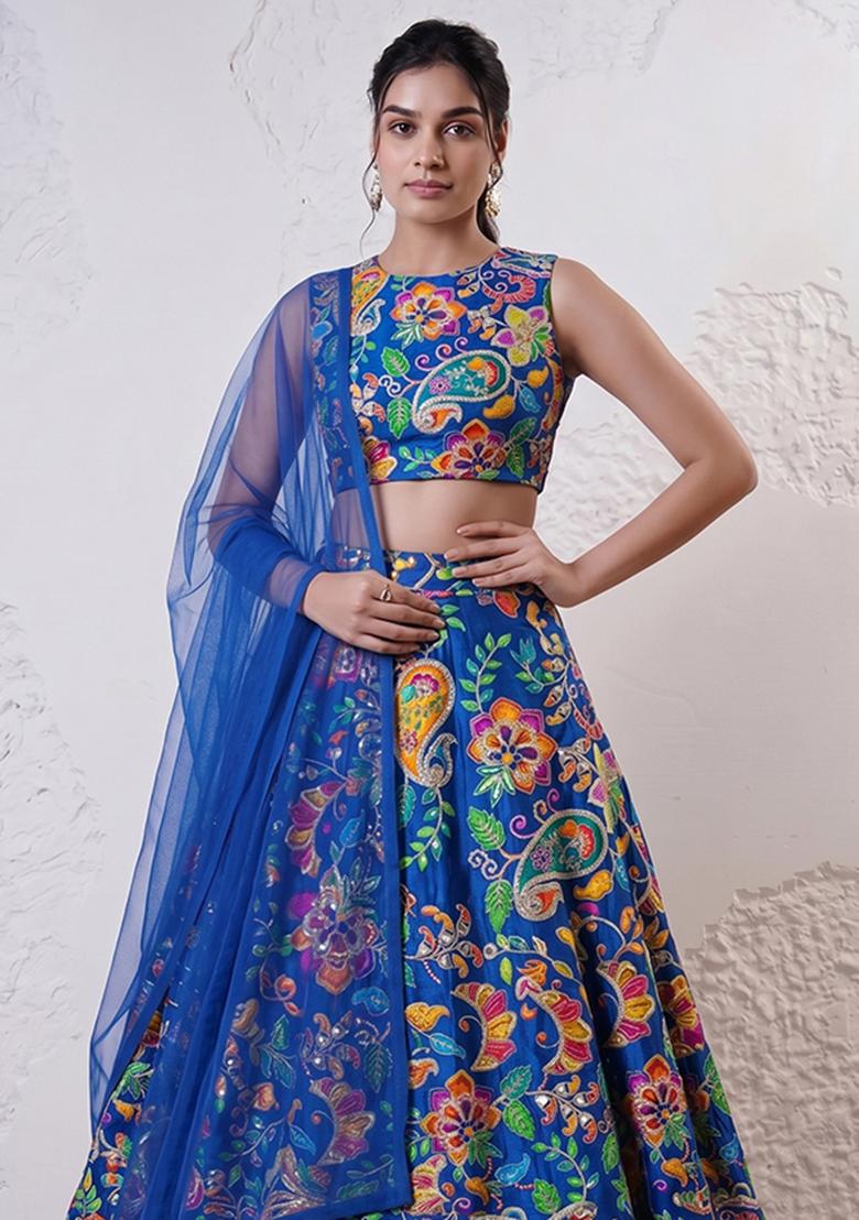 Cobalt Blue Printed Crepe Lehenga Set - Indya