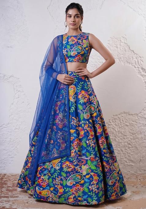 Cobalt Blue Silk Blend Mirror Work Lehenga Set
