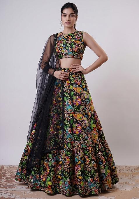Black Silk Blend Embroidered Lehenga Set