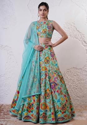 Turquoise Blue Silk Blend Embroidered Handwork Lehenga Set