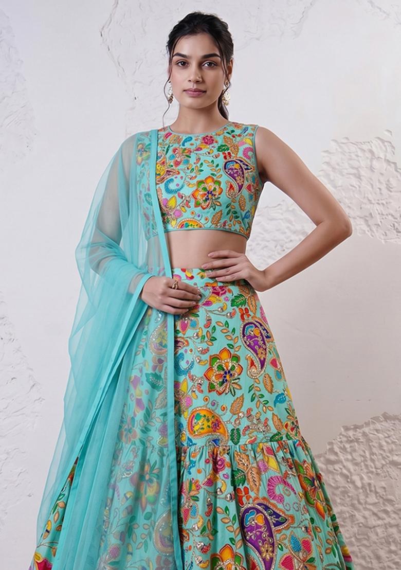 Turquoise Blue Silk Blend Embroidered Handwork Lehenga Set - Indya