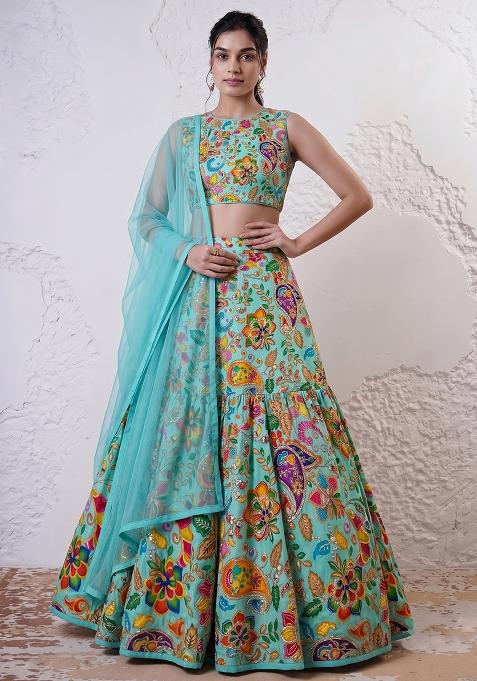 Teal Blue Silk Blend Embroidered Handwork Lehenga Set