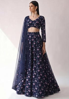 Navy Blue Printed Georgette Lehenga Set