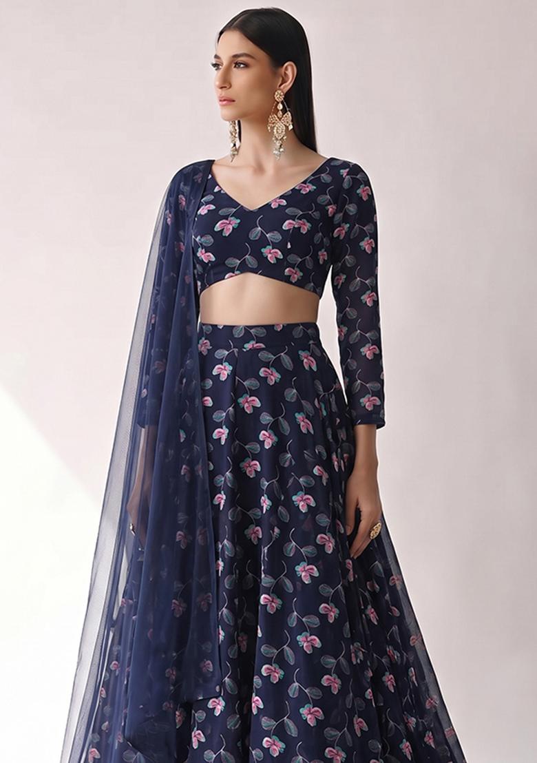 Navy Blue Printed Georgette Lehenga Set - Indya