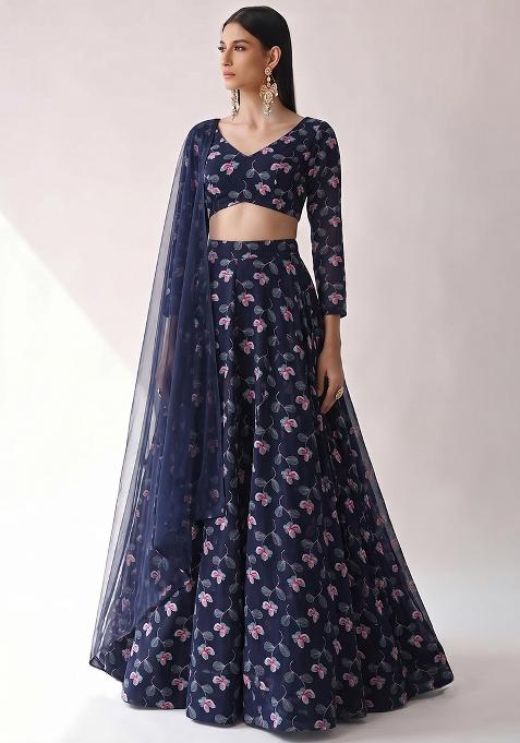 Navy Blue Georgette Floral Print Lehenga Set