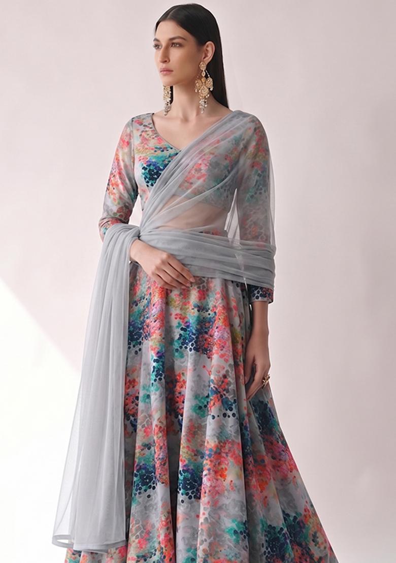 Slate Grey Printed Poly Blend Lehenga Set - Indya