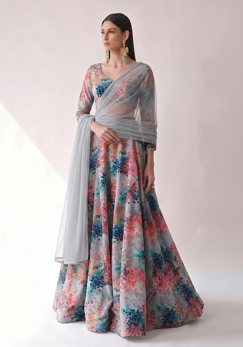 Slate Grey Silk Blend Abstract Print Lehenga Set