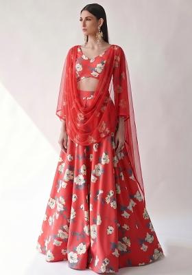 Ruby Red Printed Georgette Lehenga Set