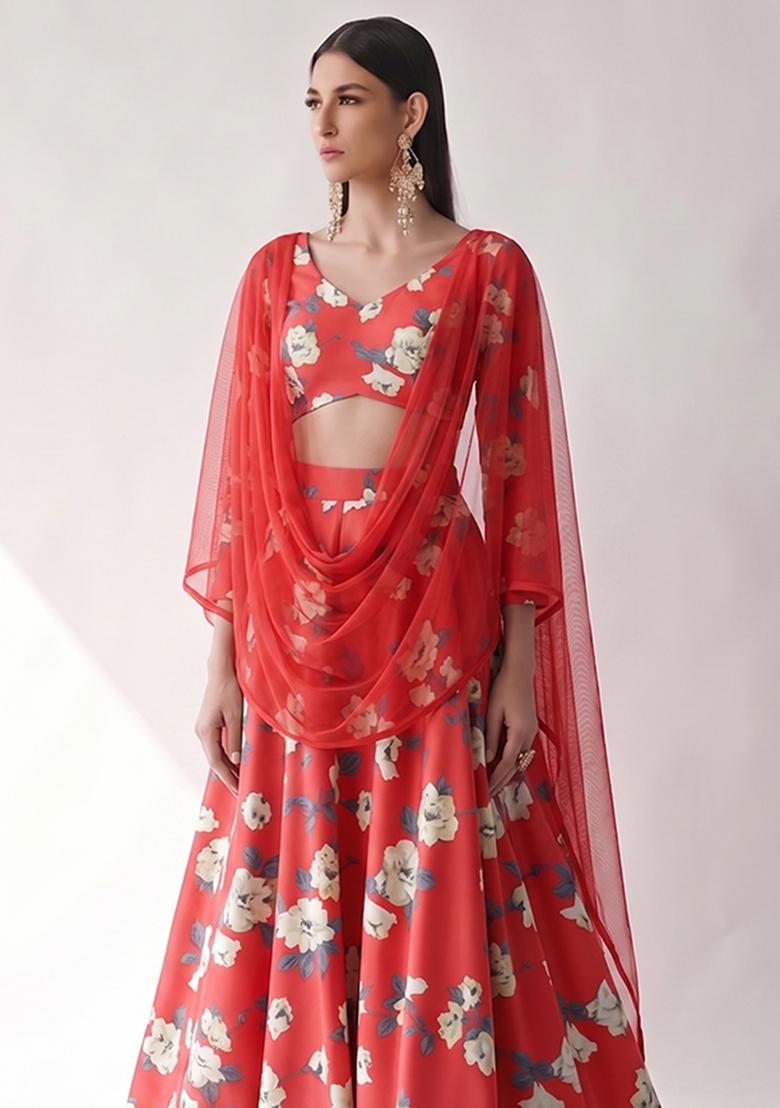 Ruby Red Printed Georgette Lehenga Set - Indya