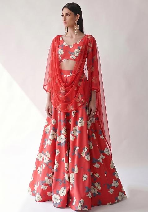 Ruby Red Silk Blend Floral Print Lehenga Set