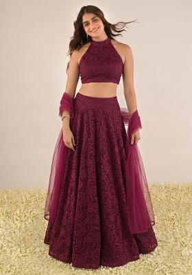 Wine Red Embroidered Chanderi Lehenga Set