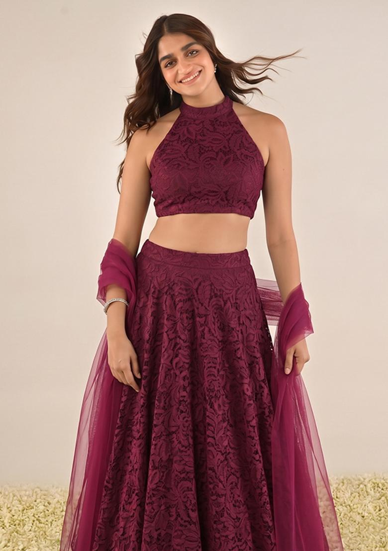 Wine Red Embroidered Chanderi Lehenga Set - Indya