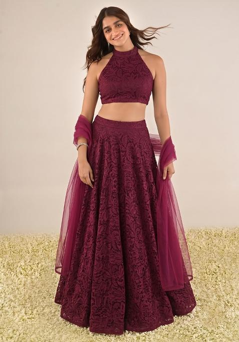Wine Red Net Embroidered Lehenga Set