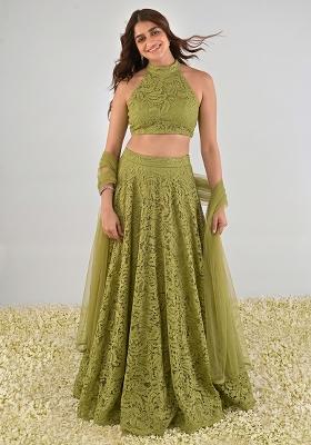 Apple Green Embroidered Chanderi Lehenga Set