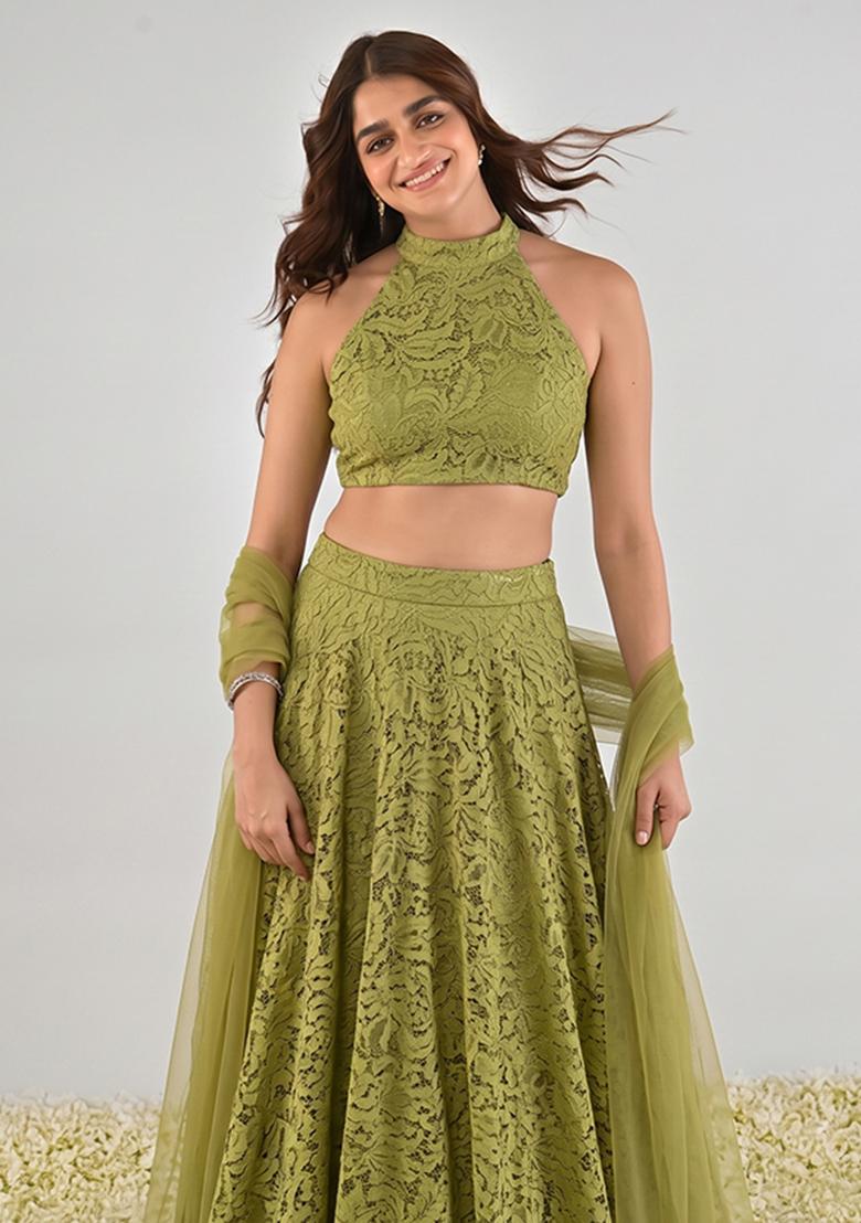 Apple Green Embroidered Chanderi Lehenga Set - Indya