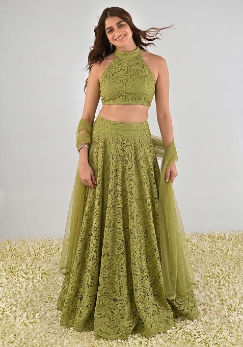 Apple Green Net Embroidered Lehenga Set